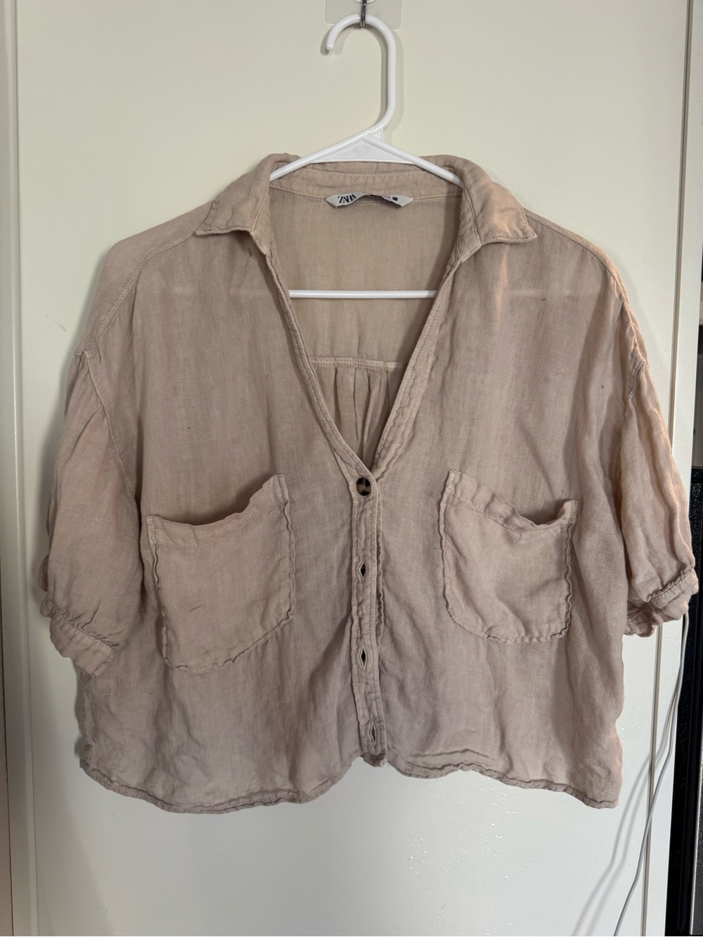 Zara Light Beige Button-Front Relaxed Pocket Shirt